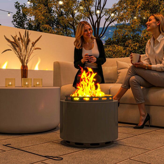Outsunny Smokeless Fire Pit, 48.5cm Portable Wood Burning Firepit With Poker For Garden Camping Bonfire Party, Metal, Dark Grey