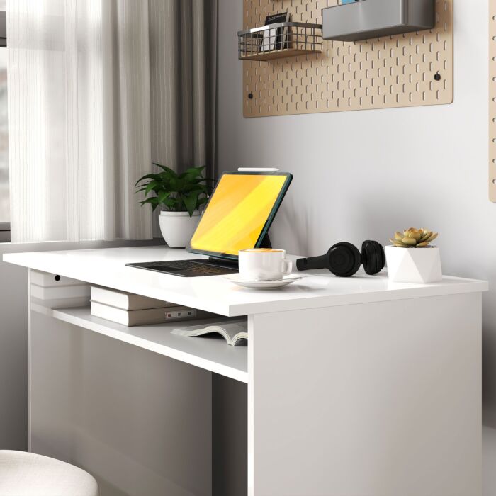 Homcom 90 X 50cm Computer Table, Modern Home Office Desk, Small Writing Desk With Storage Shelf, High Gloss White