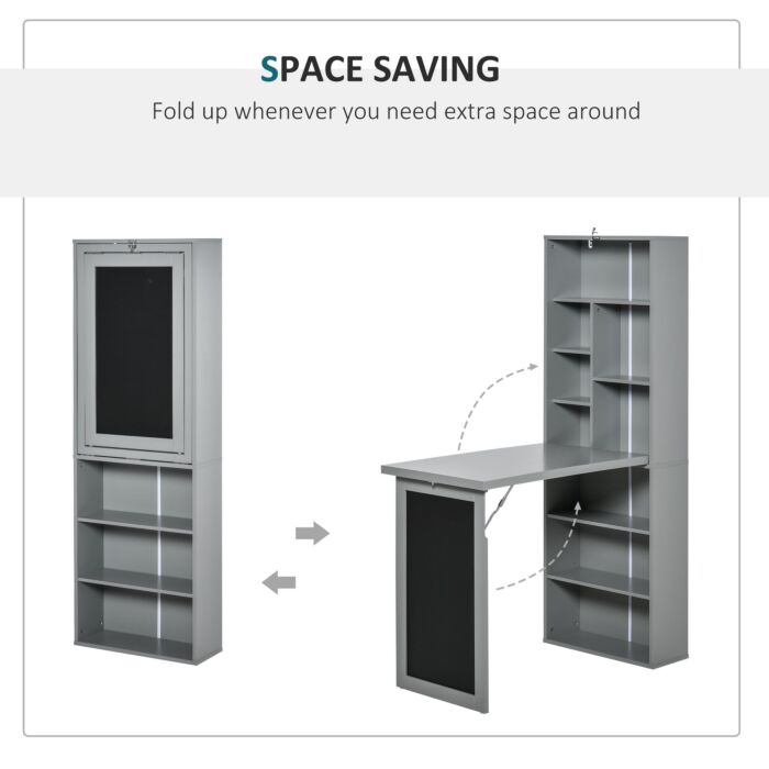 Homcom Fold-out Convertible Writing Desk Wall Mount Cabinet With Blackboard And Side Shelf Multi-function Home Office Workstation, Grey