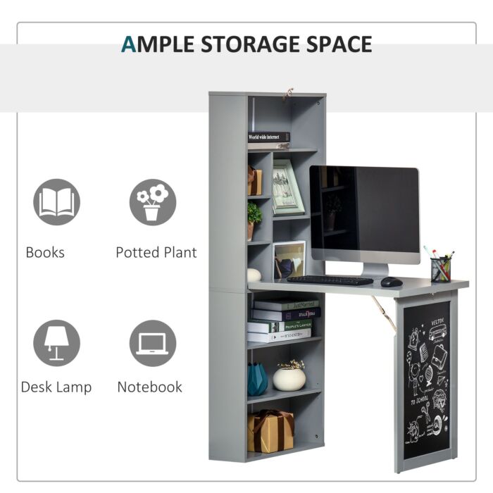 Homcom Fold-out Convertible Writing Desk Wall Mount Cabinet With Blackboard And Side Shelf Multi-function Home Office Workstation, Grey