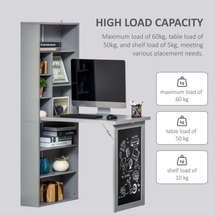 Homcom Fold-out Convertible Writing Desk Wall Mount Cabinet With Blackboard And Side Shelf Multi-function Home Office Workstation, Grey