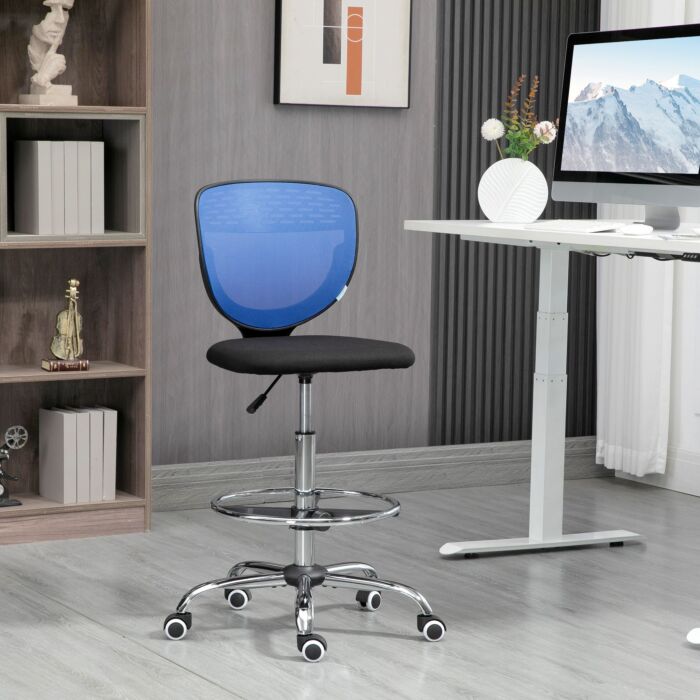 Vinsetto Drafting Chair, Swivel Office Draughtsman Chair, Mesh Standing Desk Chair With Lumbar Support, Adjustable Foot Ring, Armless, Dark Blue