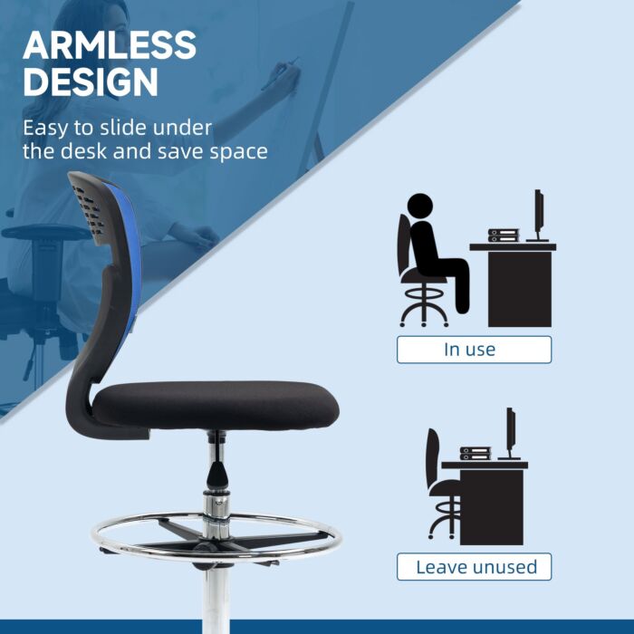 Vinsetto Drafting Chair, Swivel Office Draughtsman Chair, Mesh Standing Desk Chair With Lumbar Support, Adjustable Foot Ring, Armless, Dark Blue