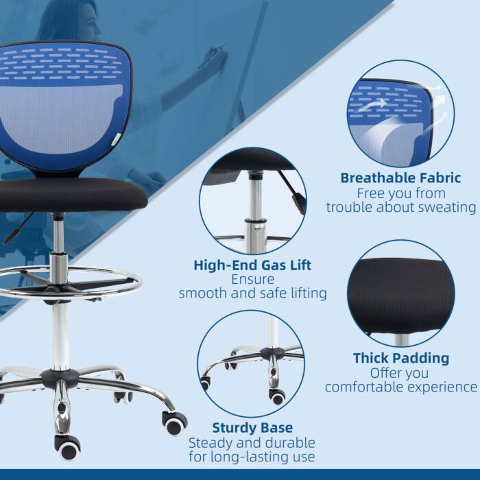 Vinsetto Drafting Chair, Swivel Office Draughtsman Chair, Mesh Standing Desk Chair With Lumbar Support, Adjustable Foot Ring, Armless, Dark Blue