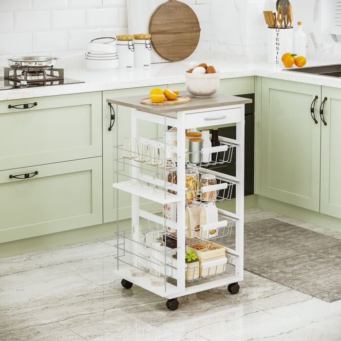 Homcom Rolling Kitchen Cart, Utility Storage Cart With 4 Basket Drawers & Side Racks, Wheels, Brown