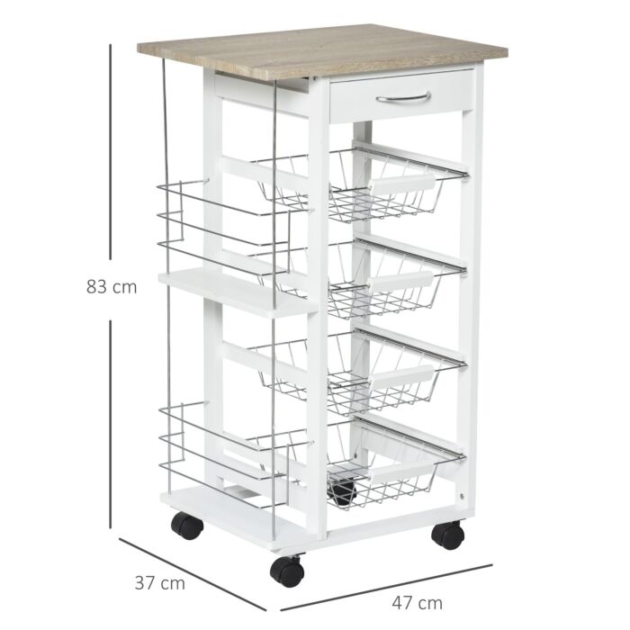 Homcom Rolling Kitchen Cart, Utility Storage Cart With 4 Basket Drawers & Side Racks, Wheels, Brown