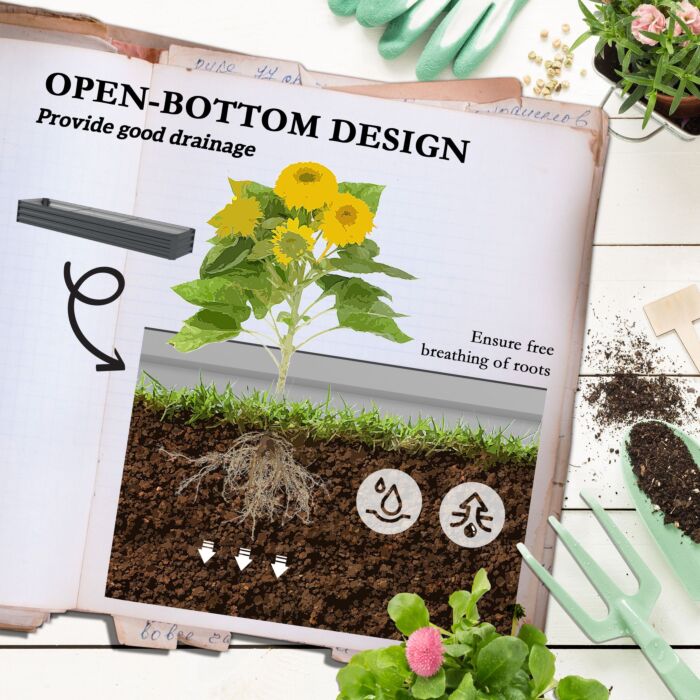 Outsunny Galvanised Raised Bed For Garden, Rectangular Outdoor Elevated Planter Box With Safety Edging And Open Bottom For Growing Flowers, Herbs And Vegetables, 240 X 60cm, Grey