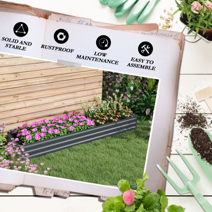 Outsunny Galvanised Raised Bed For Garden, Rectangular Outdoor Elevated Planter Box With Safety Edging And Open Bottom For Growing Flowers, Herbs And Vegetables, 240 X 60cm, Grey