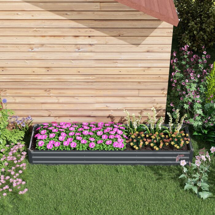 Outsunny Galvanised Raised Bed For Garden, Rectangular Outdoor Elevated Planter Box With Safety Edging And Open Bottom For Growing Flowers, Herbs And Vegetables, 240 X 60cm, Grey