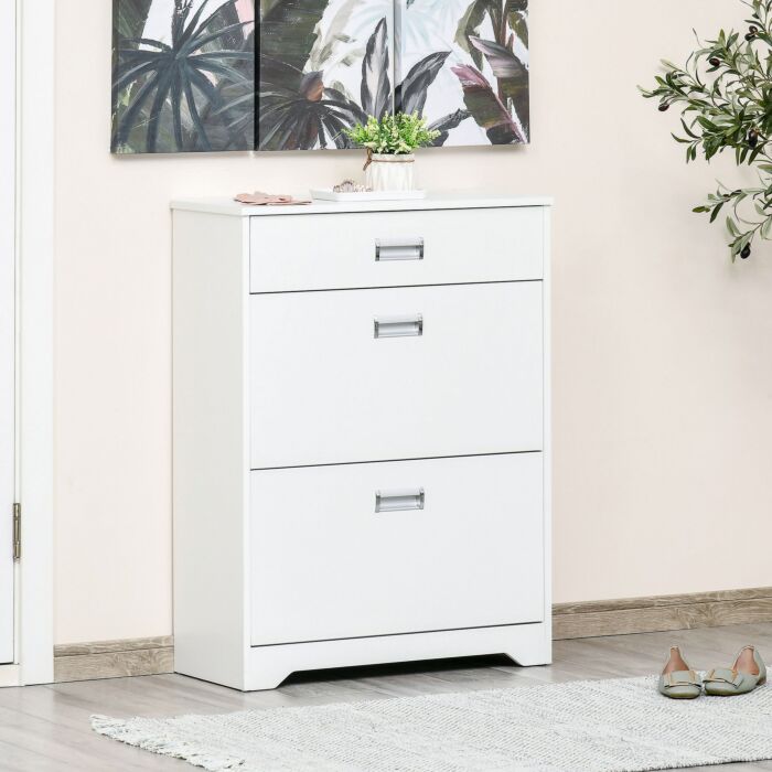 Homcom Tipping Shoe Cabinet Storage Rack Entryway Organizer With 2 Pull-down Doors And Drawer Adjustable Shelf For Hallway Porch Narrow Space White