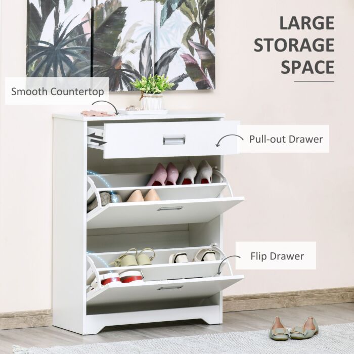 Homcom Tipping Shoe Cabinet Storage Rack Entryway Organizer With 2 Pull-down Doors And Drawer Adjustable Shelf For Hallway Porch Narrow Space White