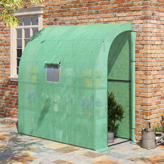 Outsunny Lean To Greenhouses With Windows And Doors 2 Tiers 4 Wired Shelves 200l X 100w X 215hcm Green