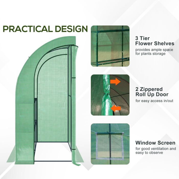 Outsunny Lean To Greenhouses With Windows And Doors 2 Tiers 4 Wired Shelves 200l X 100w X 215hcm Green