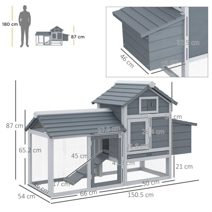 Pawhut Solid Wood Enclosed Outdoor Backyard Chicken Coop Kit With Nesting Box,grey