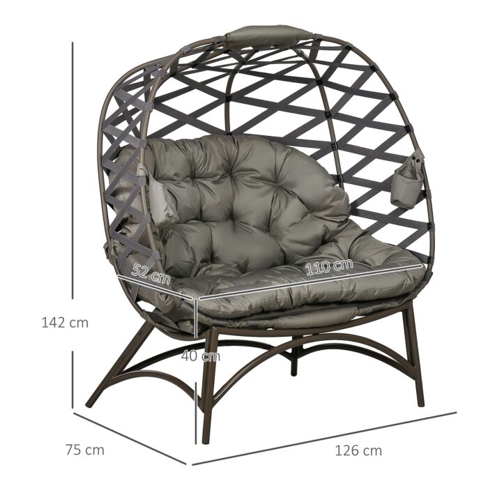 Outsunny 2 Seater Egg Chair Outdoor, Folding Weave Garden Furniture Chair With Cushion, Cup Pockets - Sand Brown