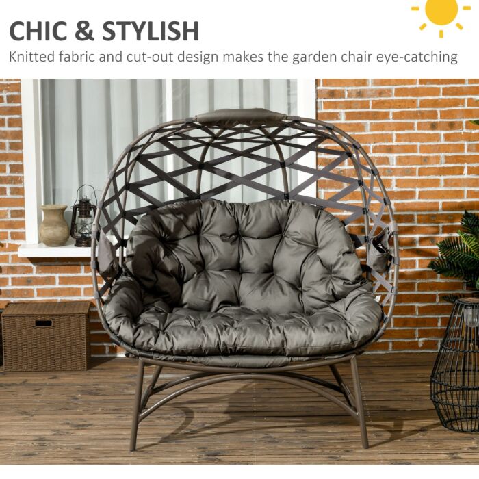 Outsunny 2 Seater Egg Chair Outdoor, Folding Weave Garden Furniture Chair With Cushion, Cup Pockets - Sand Brown