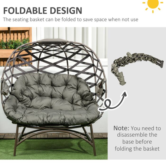 Outsunny 2 Seater Egg Chair Outdoor, Folding Weave Garden Furniture Chair With Cushion, Cup Pockets - Sand Brown
