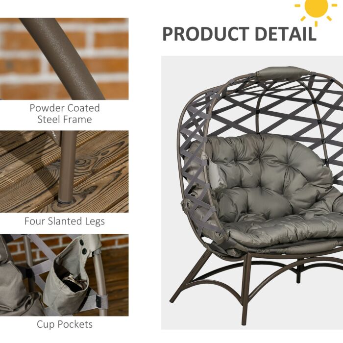Outsunny 2 Seater Egg Chair Outdoor, Folding Weave Garden Furniture Chair With Cushion, Cup Pockets - Sand Brown