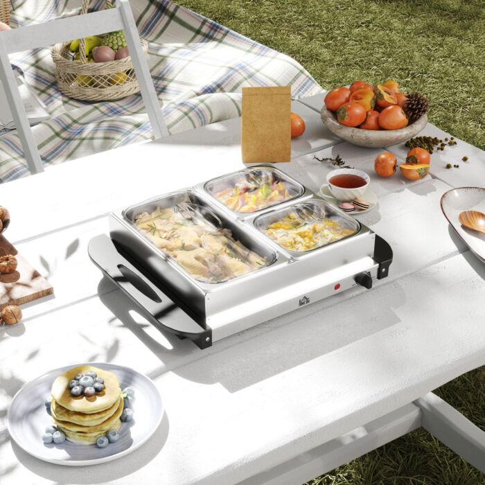 Homcom Electric Food Warmer 4 Tray, 6l Portable Buffet Server And Warming Tray With Lids, Adjustable Temperature Control And Cool Touch Handles, 200w, 2 X 2.5l And 1 X 1l