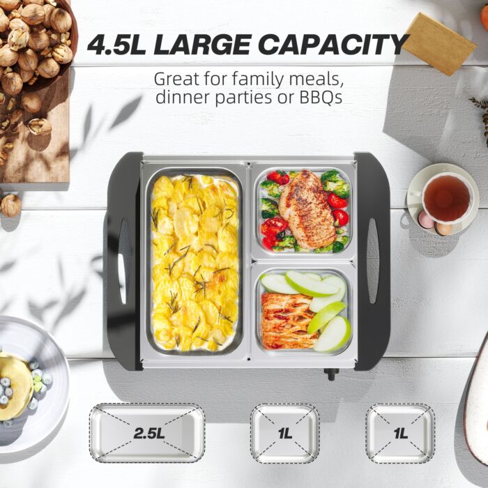Homcom Electric Food Warmer 4 Tray, 6l Portable Buffet Server And Warming Tray With Lids, Adjustable Temperature Control And Cool Touch Handles, 200w, 2 X 2.5l And 1 X 1l