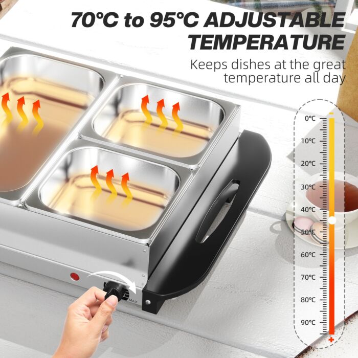 Homcom Electric Food Warmer 4 Tray, 6l Portable Buffet Server And Warming Tray With Lids, Adjustable Temperature Control And Cool Touch Handles, 200w, 2 X 2.5l And 1 X 1l