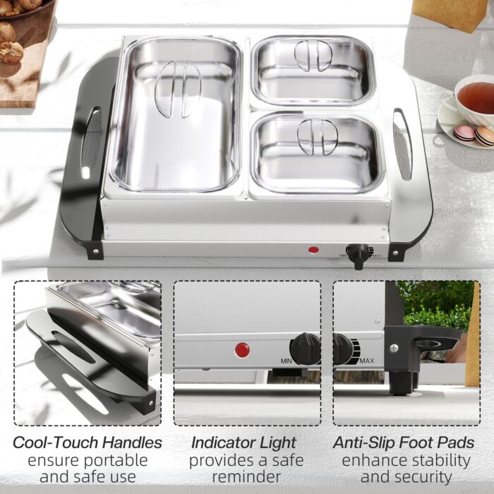 Homcom Electric Food Warmer 4 Tray, 6l Portable Buffet Server And Warming Tray With Lids, Adjustable Temperature Control And Cool Touch Handles, 200w, 2 X 2.5l And 1 X 1l