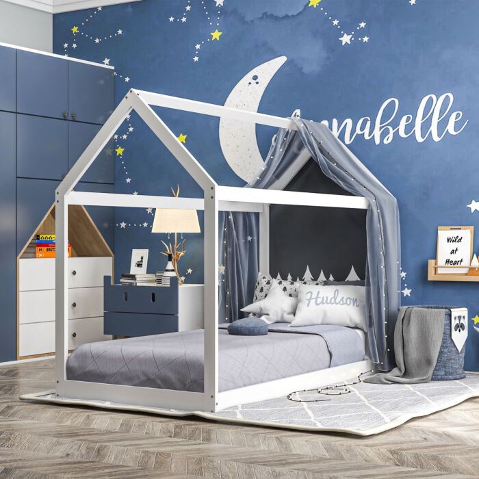 Homcom Single Bed Frame, House Scandinavian Style Wooden Bed Frame For 90w X 190dcm Mattress, Pine Wood Bed Base, White