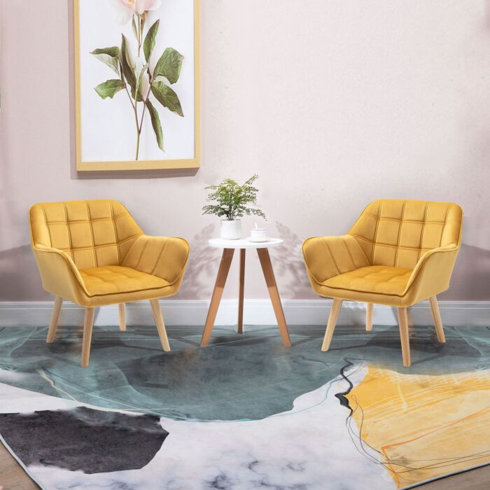 Homcom Armchair Accent Chair Wide Arms Slanted Back Padding Iron Frame Wooden Legs Home Bedroom Furniture Seating Yellow