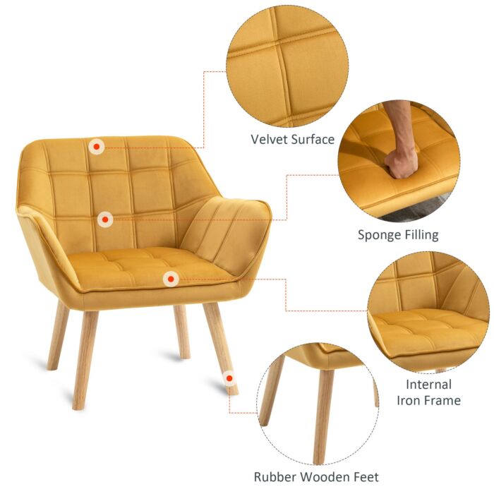 Homcom Armchair Accent Chair Wide Arms Slanted Back Padding Iron Frame Wooden Legs Home Bedroom Furniture Seating Yellow