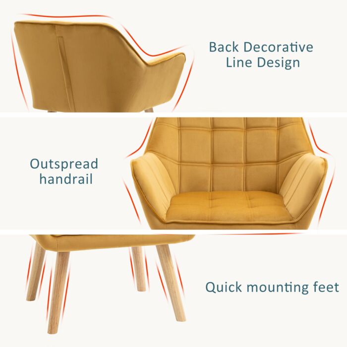 Homcom Armchair Accent Chair Wide Arms Slanted Back Padding Iron Frame Wooden Legs Home Bedroom Furniture Seating Yellow