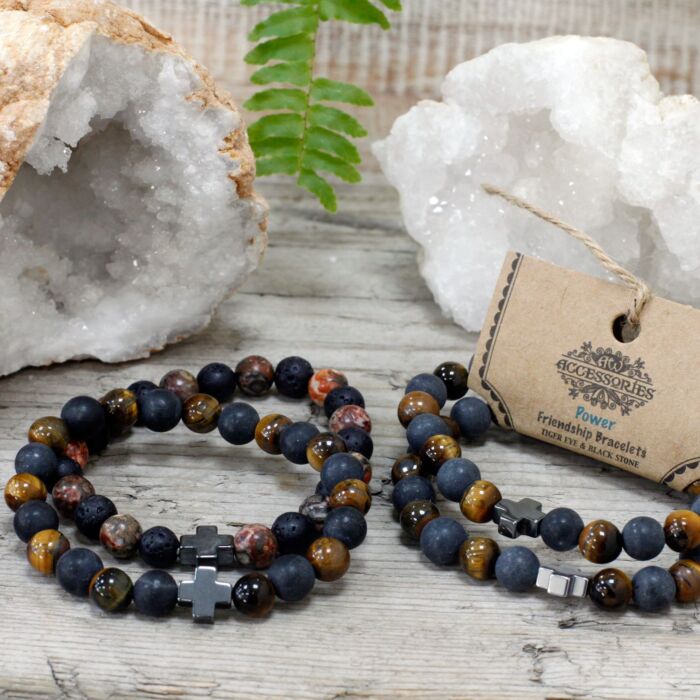 Set Of 2 Gemstones Friendship Bracelets - Power - Tiger Eye & Black Stone