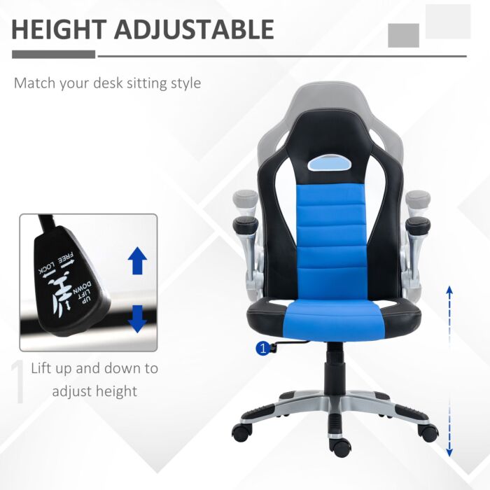 Homcom Racing Gaming Chair, Pu Leather Computer Desk Chair, Height Adjustable Swivel Chair With Tilt Function And Flip Up Armrests, Blue