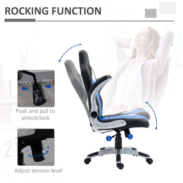 Homcom Racing Gaming Chair, Pu Leather Computer Desk Chair, Height Adjustable Swivel Chair With Tilt Function And Flip Up Armrests, Blue
