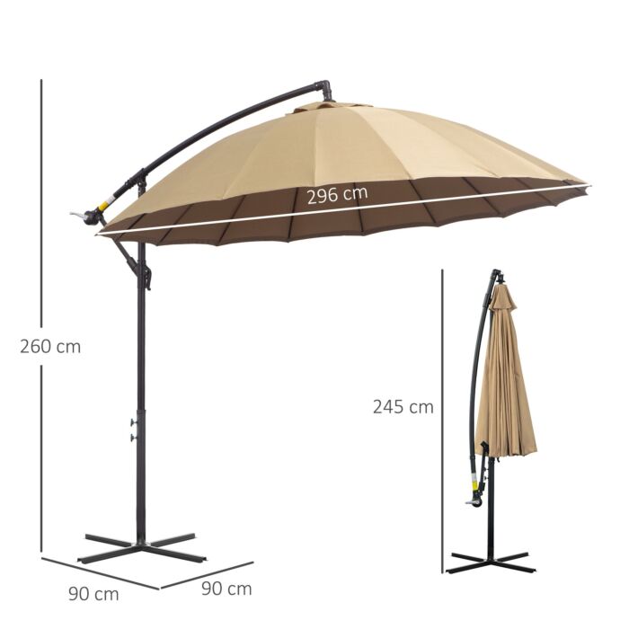 Outsunny 3(m) Cantilever Shanghai Parasol Garden Hanging Banana Sun Umbrella With Crank Handle, 18 Sturdy Ribs And Cross Base, Beige