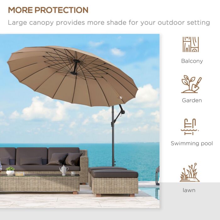 Outsunny 3(m) Cantilever Shanghai Parasol Garden Hanging Banana Sun Umbrella With Crank Handle, 18 Sturdy Ribs And Cross Base, Beige