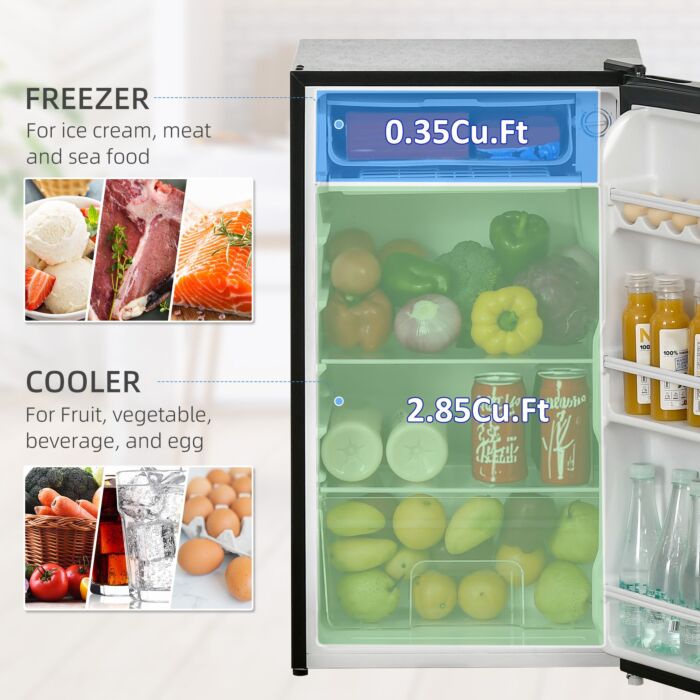 Homcom 91 Litre Freestanding Under Counter Fridge Freezer With Chiller Box, Reversible Door, Adjustable Thermostat, 47.5cm Wide, Noise Level: Decibels 40, Black
