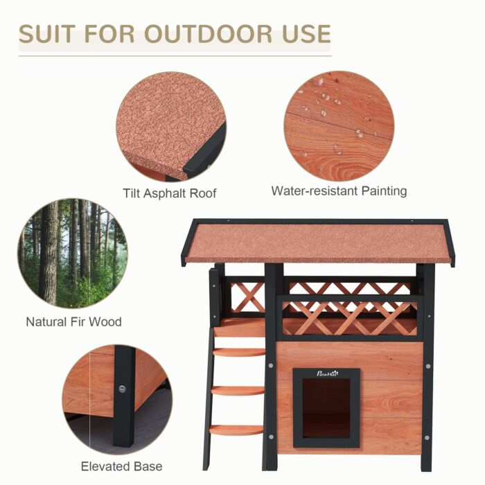 Pawhut Cat House Outdoor W/ Balcony Stairs Roof, 77 X 50 X 73 Cm, Brown