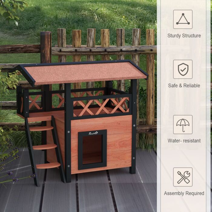 Pawhut Cat House Outdoor W/ Balcony Stairs Roof, 77 X 50 X 73 Cm, Brown