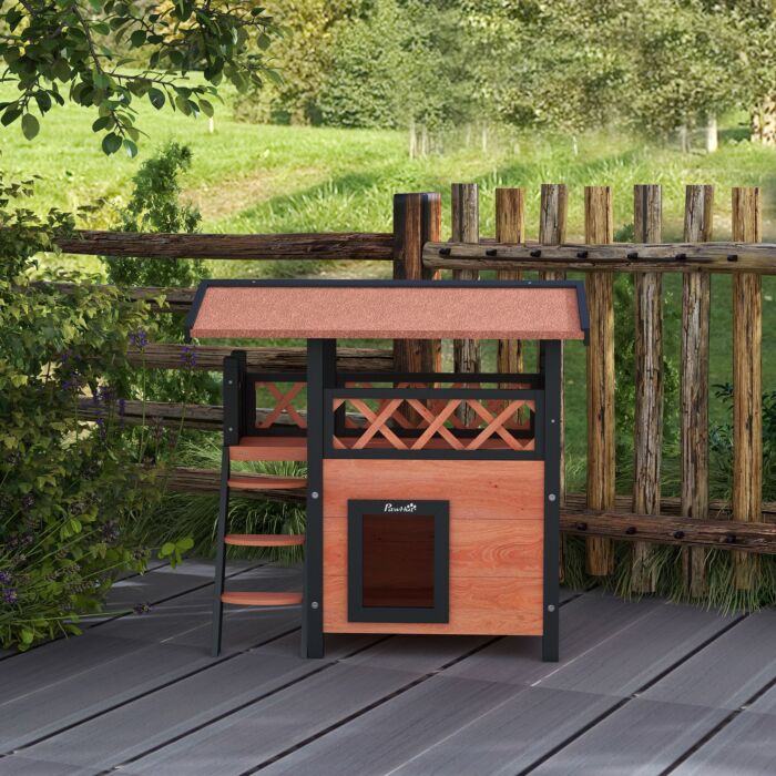 Pawhut Cat House Outdoor W/ Balcony Stairs Roof, 77 X 50 X 73 Cm, Brown