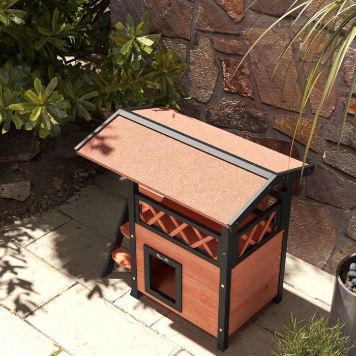 Pawhut Cat House Outdoor W/ Balcony Stairs Roof, 77 X 50 X 73 Cm, Brown