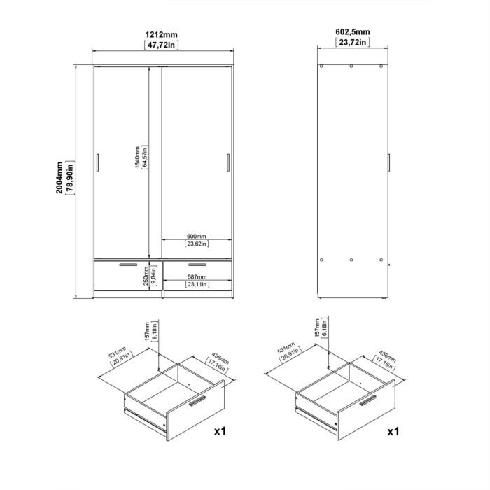 Line Wardrobe With 2 Doors + 2 Drawers In White And Concrete