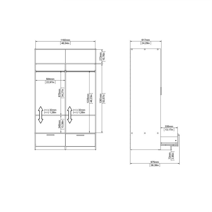 Line Wardrobe With 2 Doors + 2 Drawers In White And Concrete