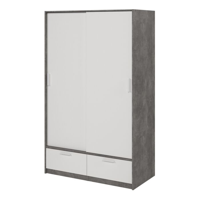 Line Wardrobe With 2 Doors + 2 Drawers In White And Concrete