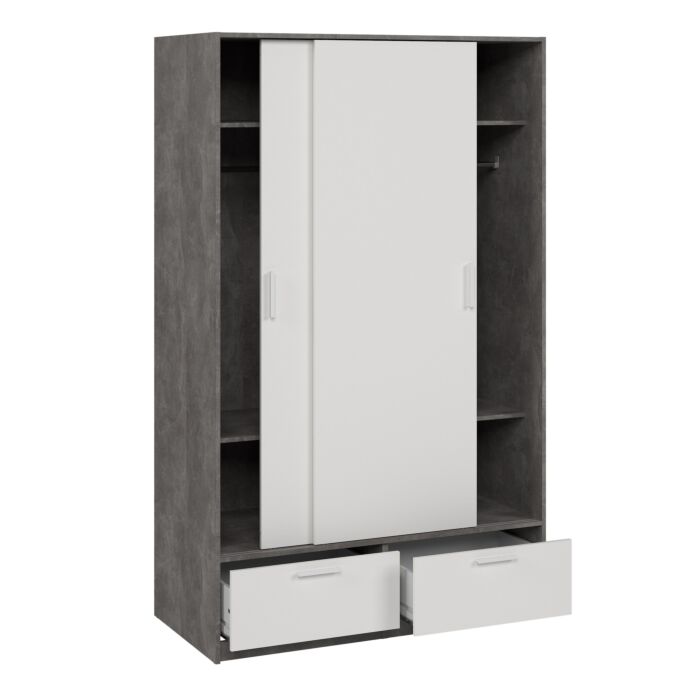 Line Wardrobe With 2 Doors + 2 Drawers In White And Concrete