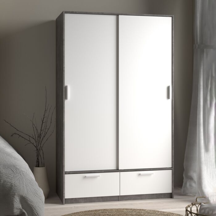 Line Wardrobe With 2 Doors + 2 Drawers In White And Concrete