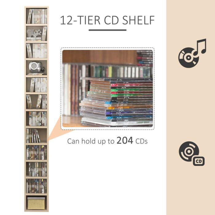 Homcom 12-tier Media Storage Cabinet 204 Cds Shelf Tower Multimedia Organizer Rack Stand Bookcase Display Unit