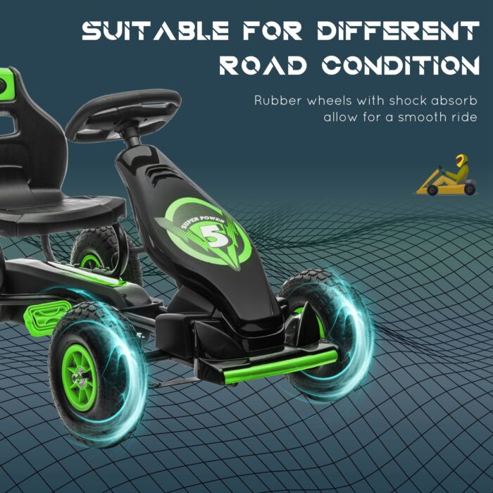 Homcom Children Pedal Go Kart, Racing Go Cart With Adjustable Seat, Inflatable Tyres, Shock Absorb, Handbrake, For Boys And Girls Ages 5-12, Green
