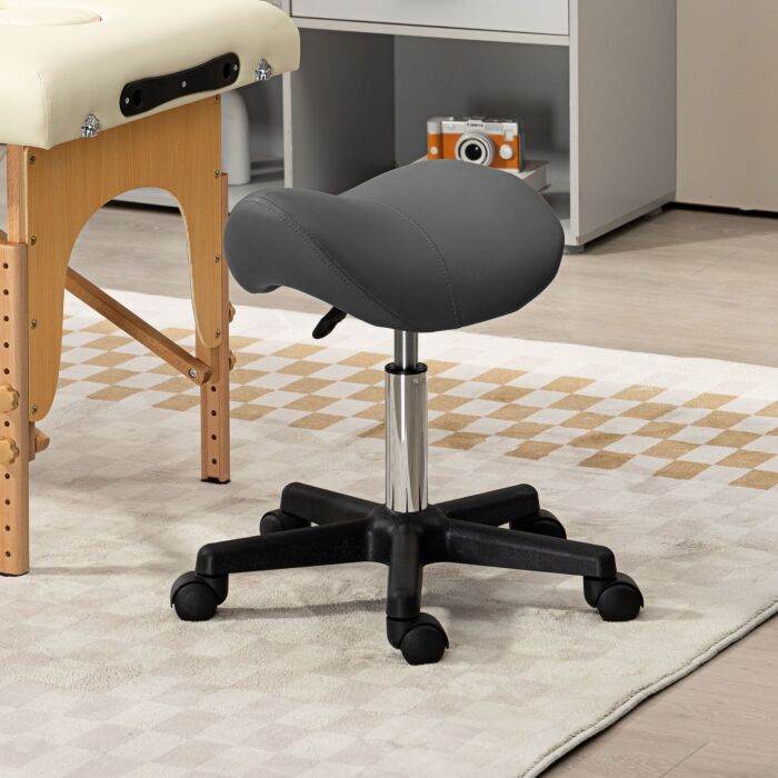 Homcom Saddle Stool, Pu Leather Adjustable Rolling Salon Chair With Steel Frame For Massage, Spa, Beauty And Tattoo, Grey