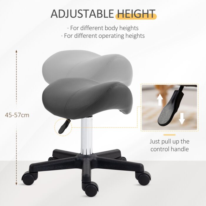 Homcom Saddle Stool, Pu Leather Adjustable Rolling Salon Chair With Steel Frame For Massage, Spa, Beauty And Tattoo, Grey