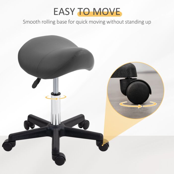 Homcom Saddle Stool, Pu Leather Adjustable Rolling Salon Chair With Steel Frame For Massage, Spa, Beauty And Tattoo, Grey